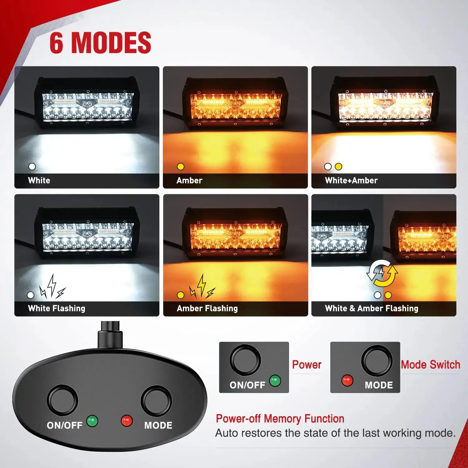 16AWG Amber White Light Bar Wire Harness Kit 2 Leads W/ 12V On Off Switch | 2 Fuses | 6 Spade Connectors