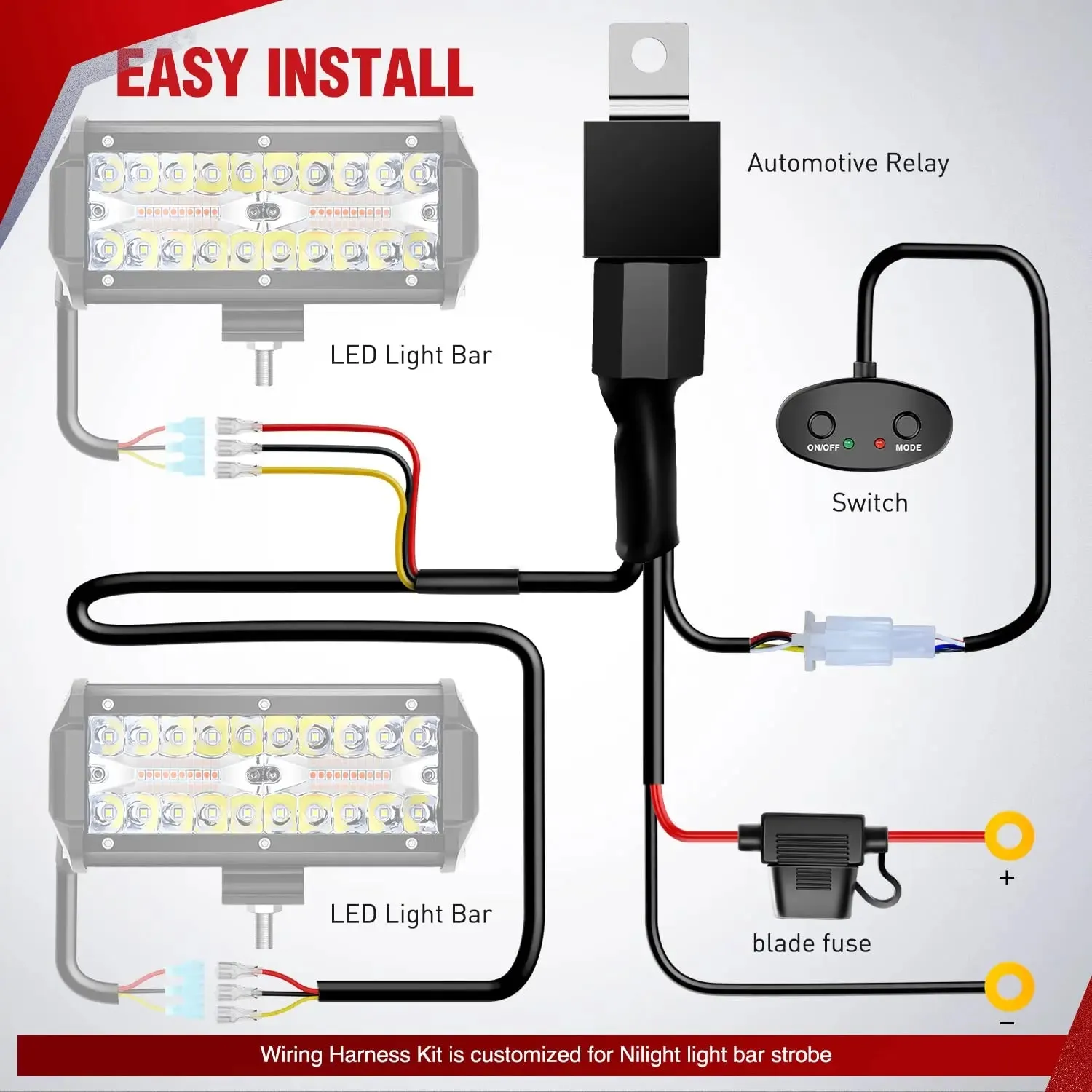 16AWG Amber White Light Bar Wire Harness Kit 2 Leads W/ 12V On Off Switch | 2 Fuses | 6 Spade Connectors