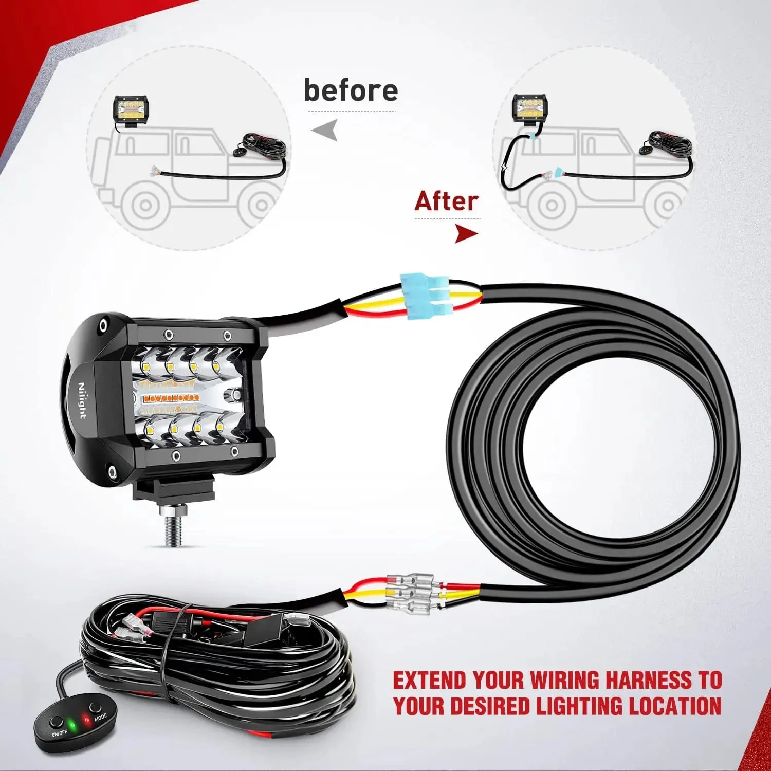 2PCS 16AWG 10FT Wire Extension Kit 3 Leads For Amber White LED Light Bar/Led Pods/LED Work Light