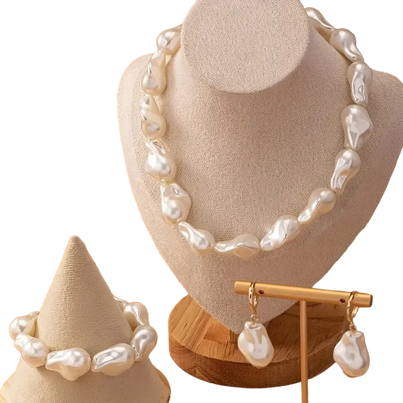 Cream / Gold 3 Piece Baroque Pearl Jewellery Set in tulle gift bag