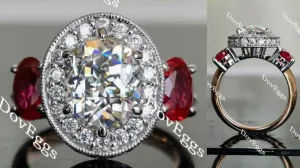DovEggs oval vintage three-stone halo moissanite & colored gem engagement ring