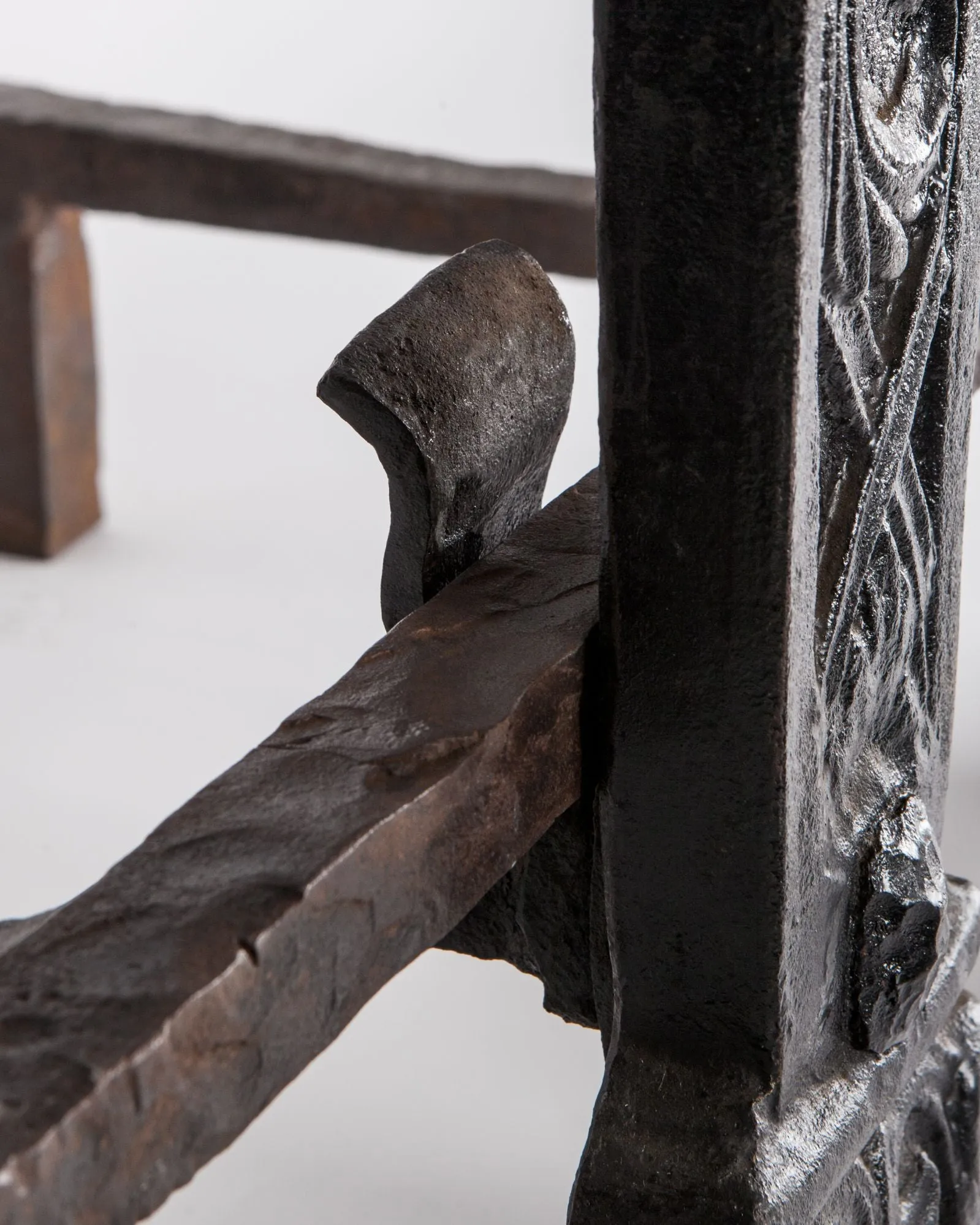 Figural Andirons with Wrought Iron Bar