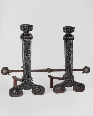 Figural Andirons with Wrought Iron Bar