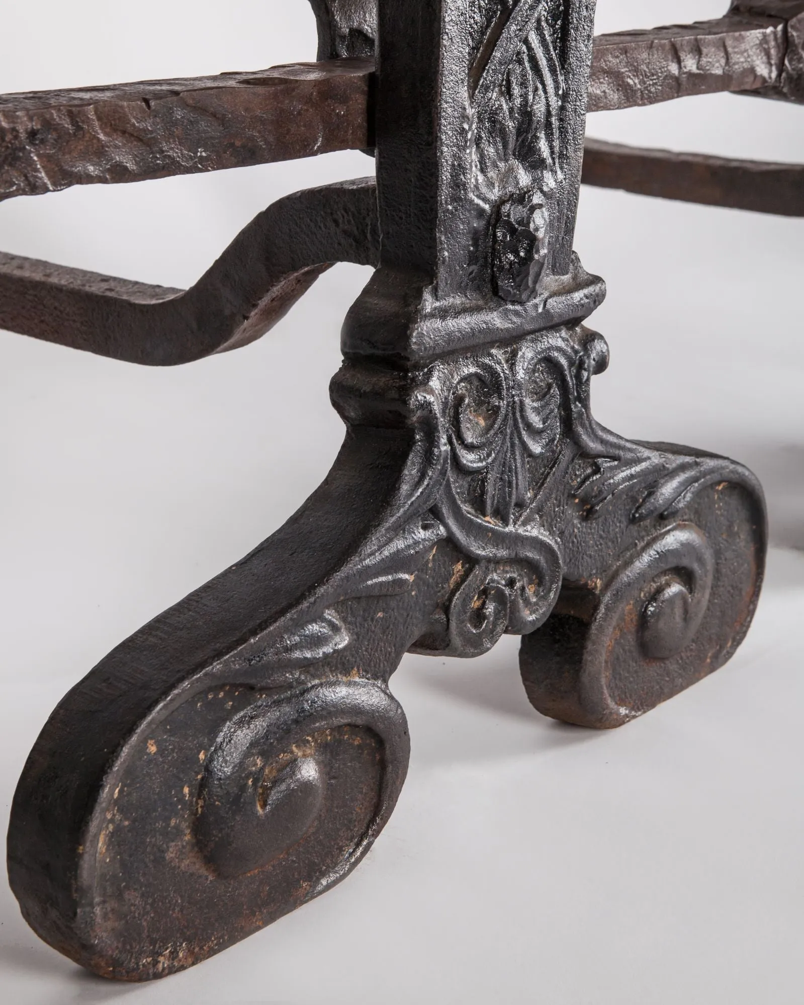 Figural Andirons with Wrought Iron Bar