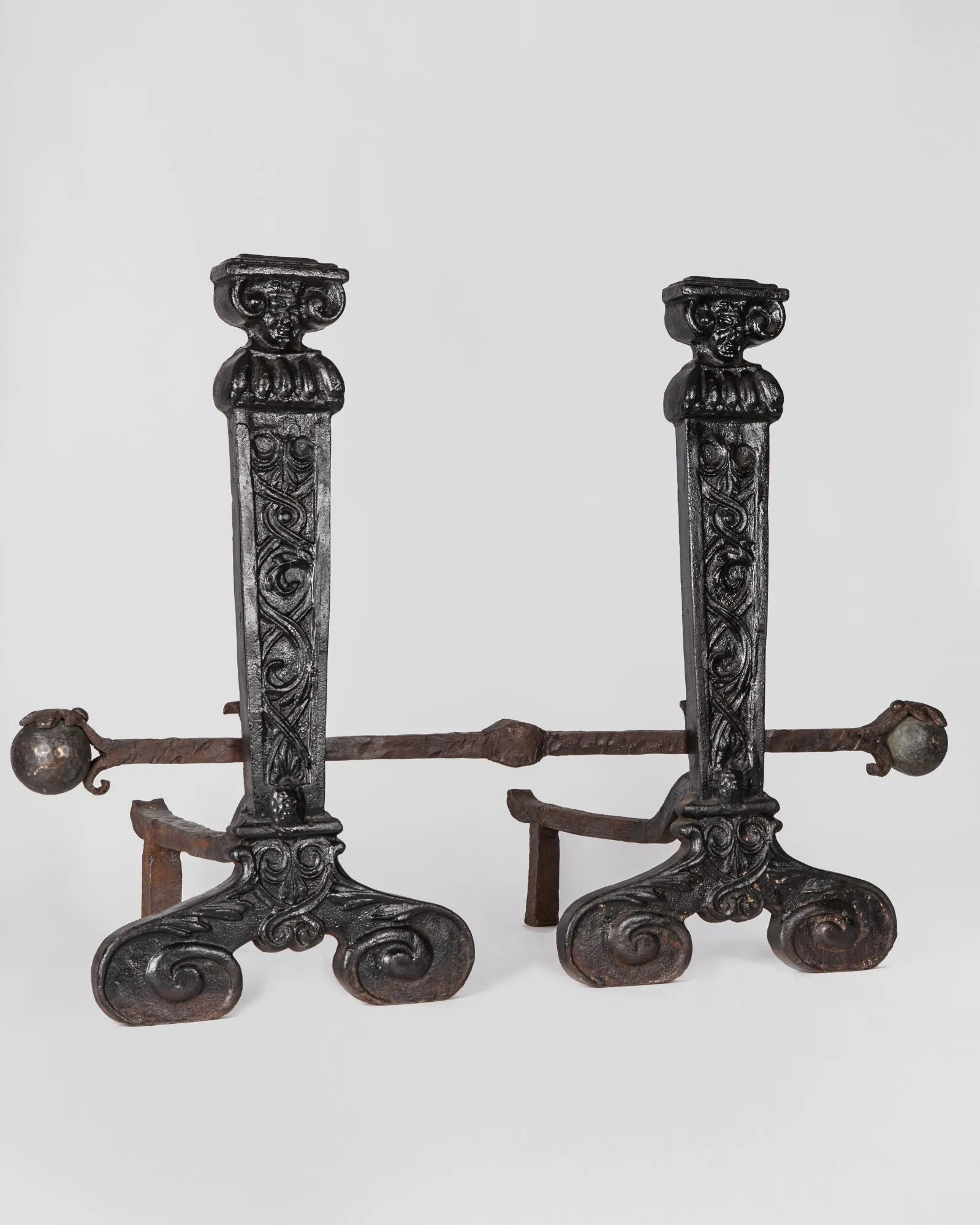 Figural Andirons with Wrought Iron Bar