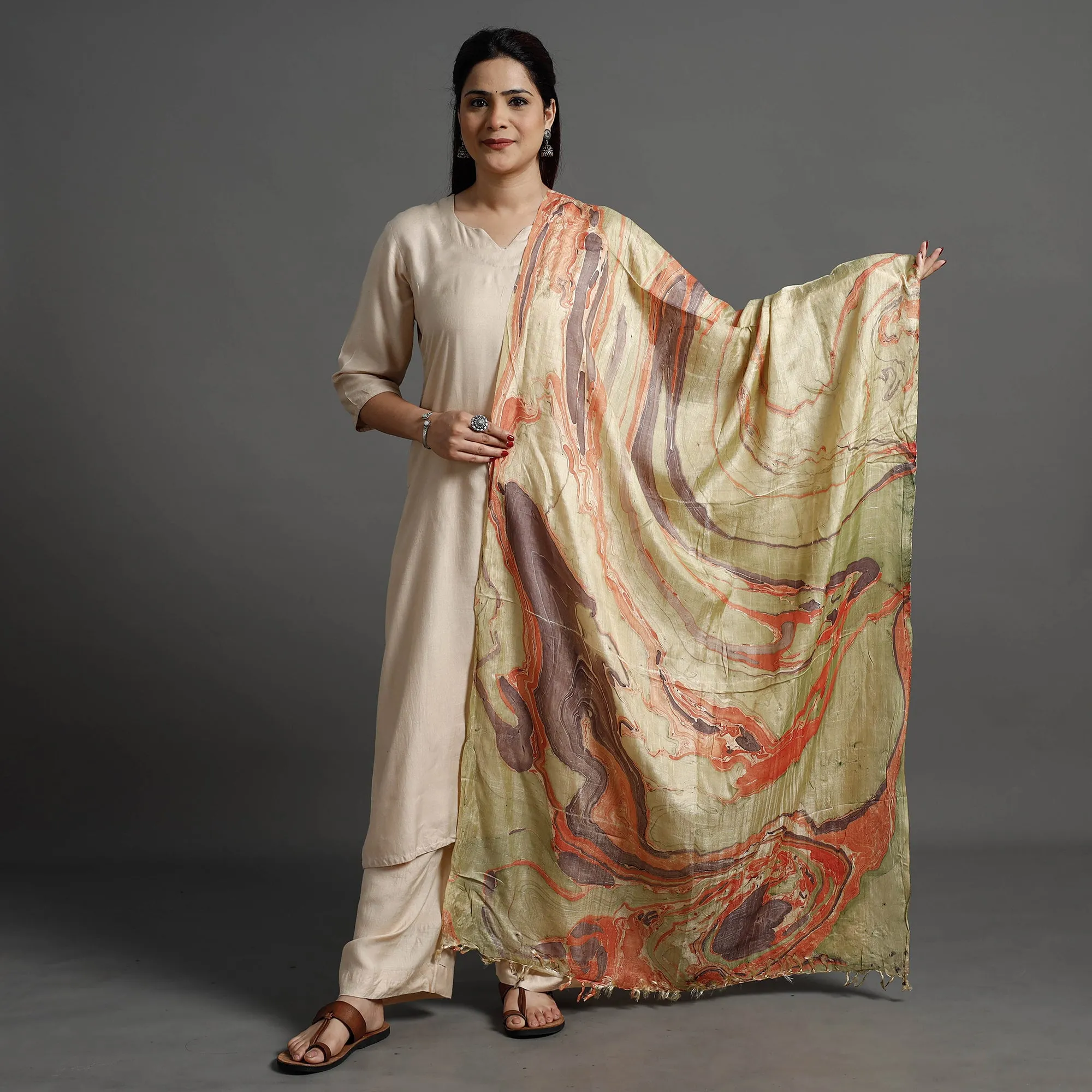Multicolor - Banana Silk Marble Printed Dupatta with Tassels 14