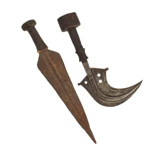Original Central African 19th Century Mangbetu Tribe Trumbash Throwing Knife and Sape Dagger / Short Sword Lot - 2 items