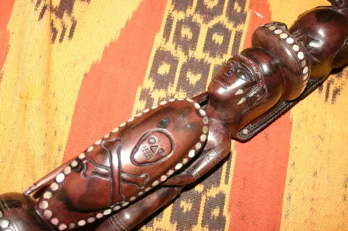 SOLD Museum quality Cannibal Warrior Head Hunter Rosewood statuette effigy mother pearl oceanic art