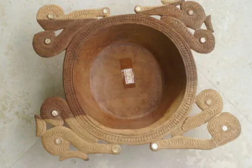 TWO (2) 11X9 & 8X3” STUNNING UNIQUE HAND CARVED KWILA WOOD  CARVED MASTERPIECES PLATTER DISH BOWLS WITH MOTHER OF PEARL INSERTS & DELICATE LACY BORDERS BY RENOWNED SCULPTOR TROBRIANDS ISLANDS SOUTH PACIFIC MELANESIA 2A30 & 2A10