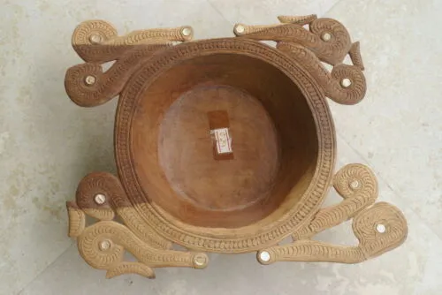 TWO (2) 11X9 & 8X3” STUNNING UNIQUE HAND CARVED KWILA WOOD  CARVED MASTERPIECES PLATTER DISH BOWLS WITH MOTHER OF PEARL INSERTS & DELICATE LACY BORDERS BY RENOWNED SCULPTOR TROBRIANDS ISLANDS SOUTH PACIFIC MELANESIA 2A30 & 2A10