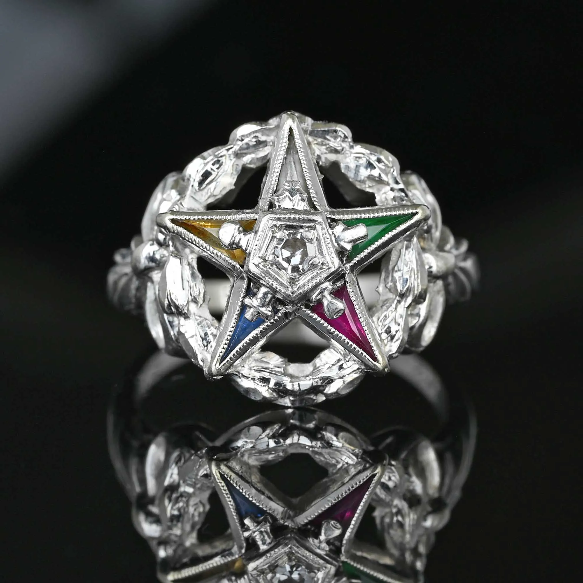 Vintage Diamond Emerald Sapphire OES Masonic Star Ring