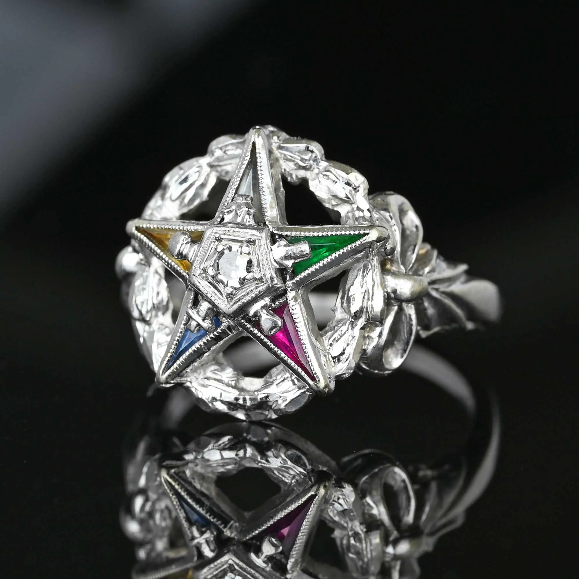 Vintage Diamond Emerald Sapphire OES Masonic Star Ring