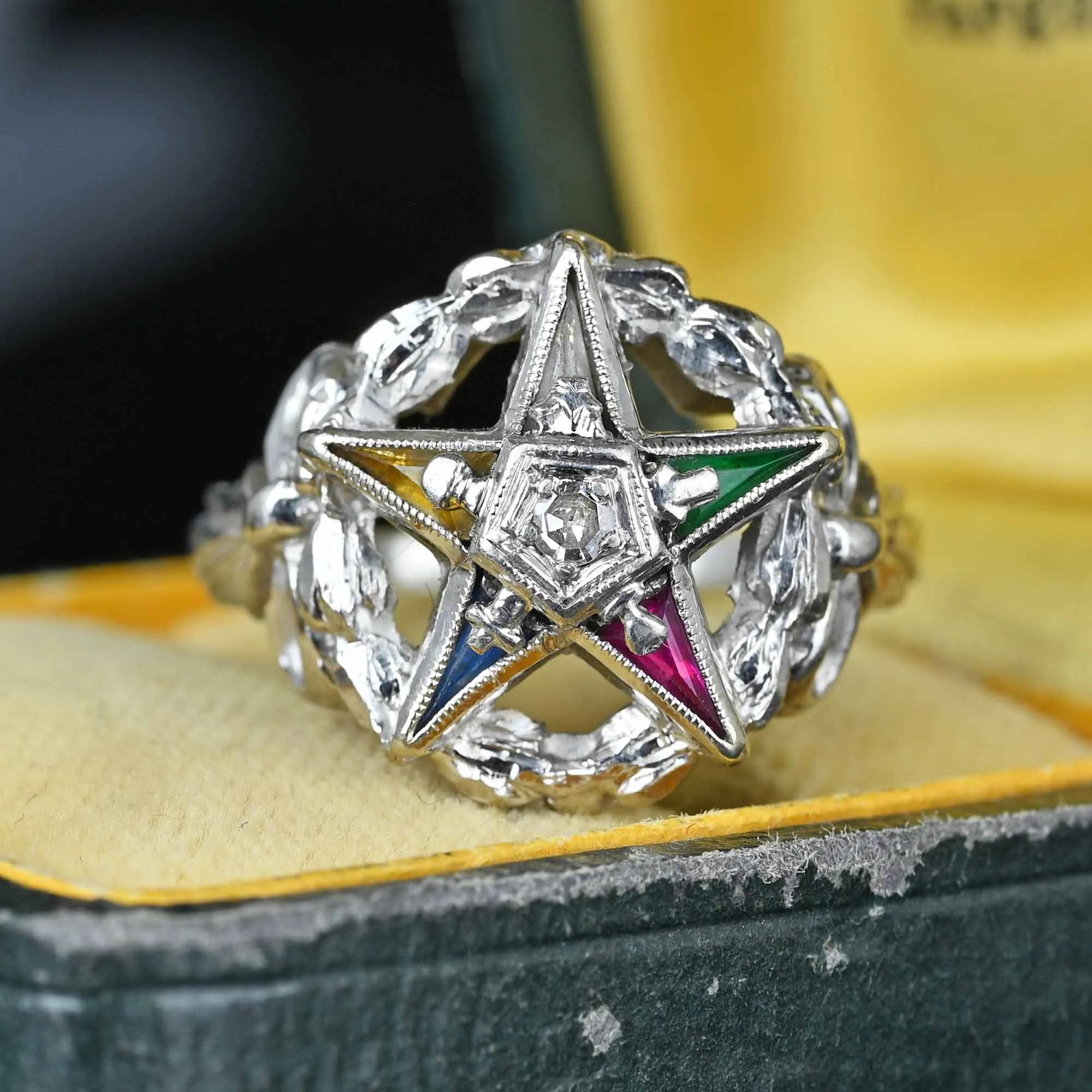 Vintage Diamond Emerald Sapphire OES Masonic Star Ring