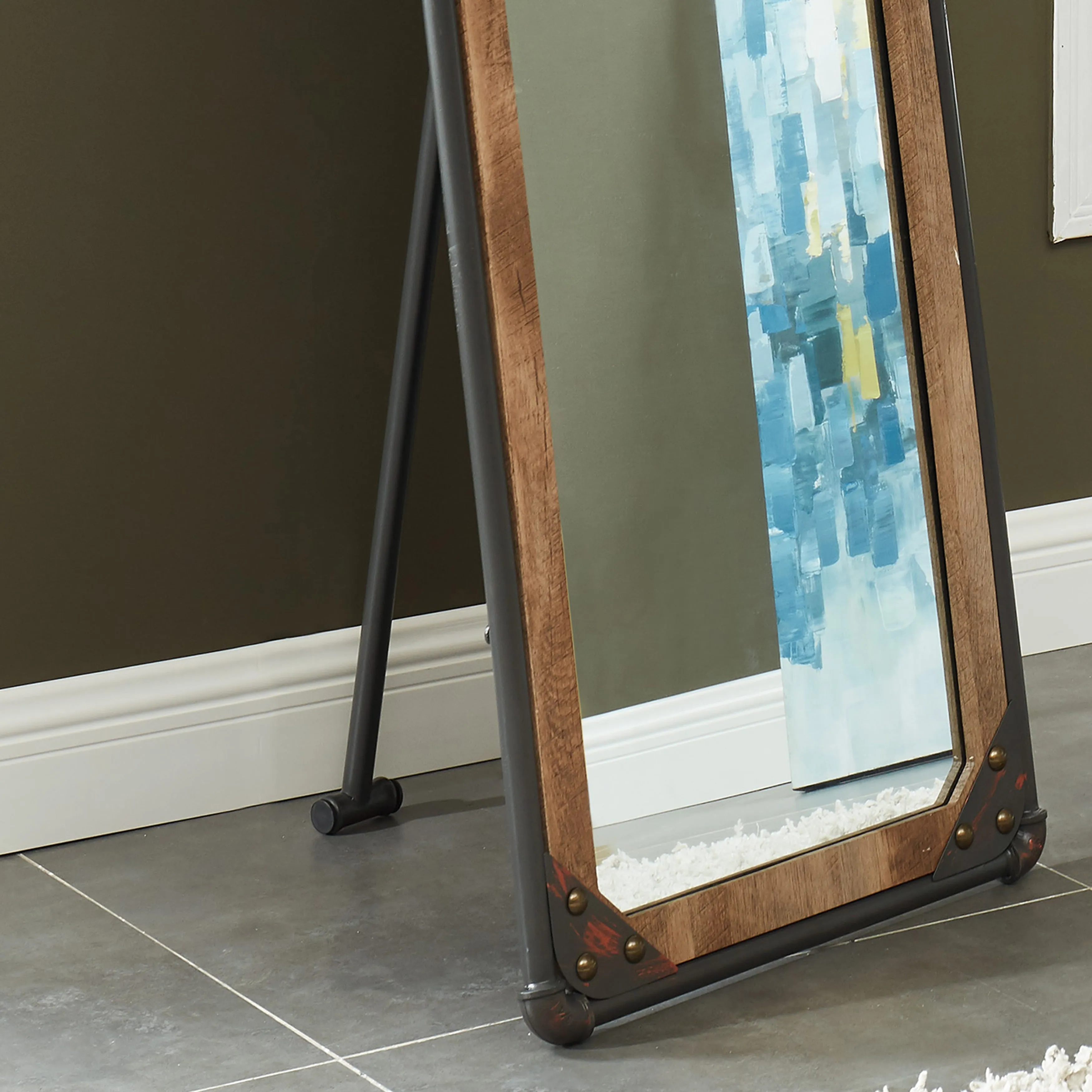 Whittaker Sand Black Pipe Metal and Wood Frame Free-standing Mirror